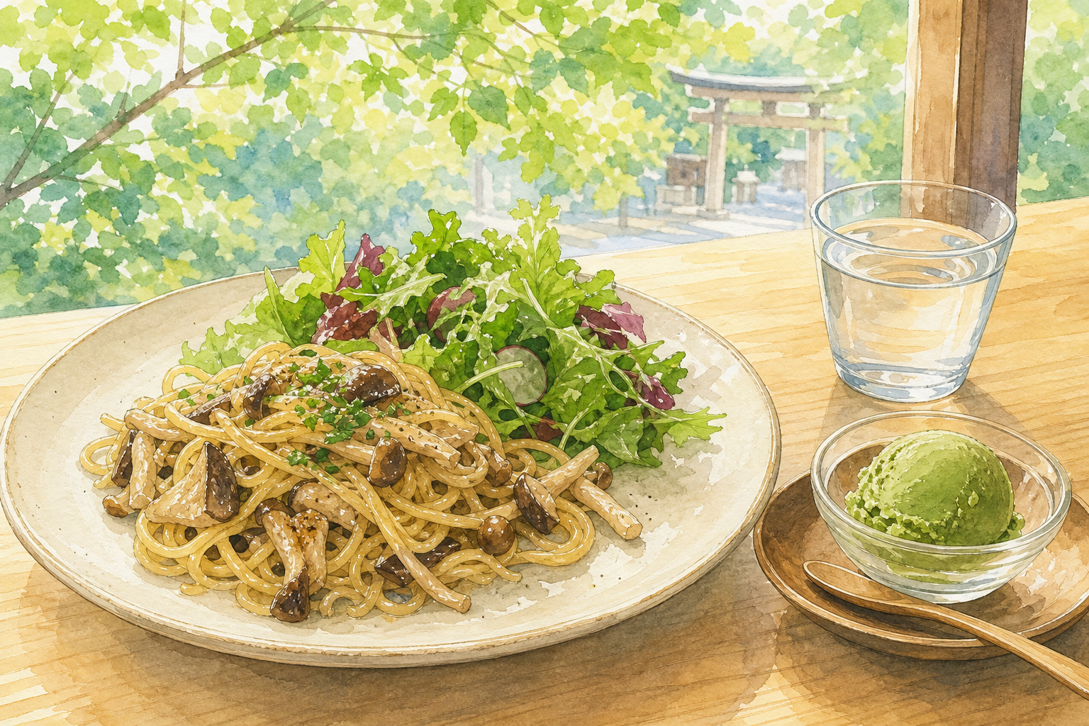 きのこのパスタ、葉野菜、抹茶ジェラートを木のテーブルに描いたオリジナルの門前カフェイメージ