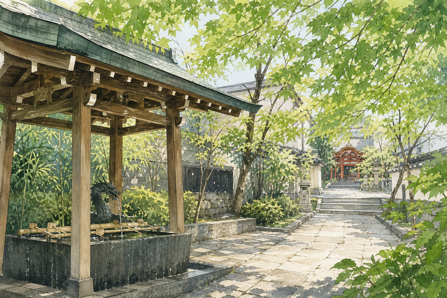 木立に包まれた手水舎と石畳の参道を描いた赤城神社参拝のオリジナルイメージ