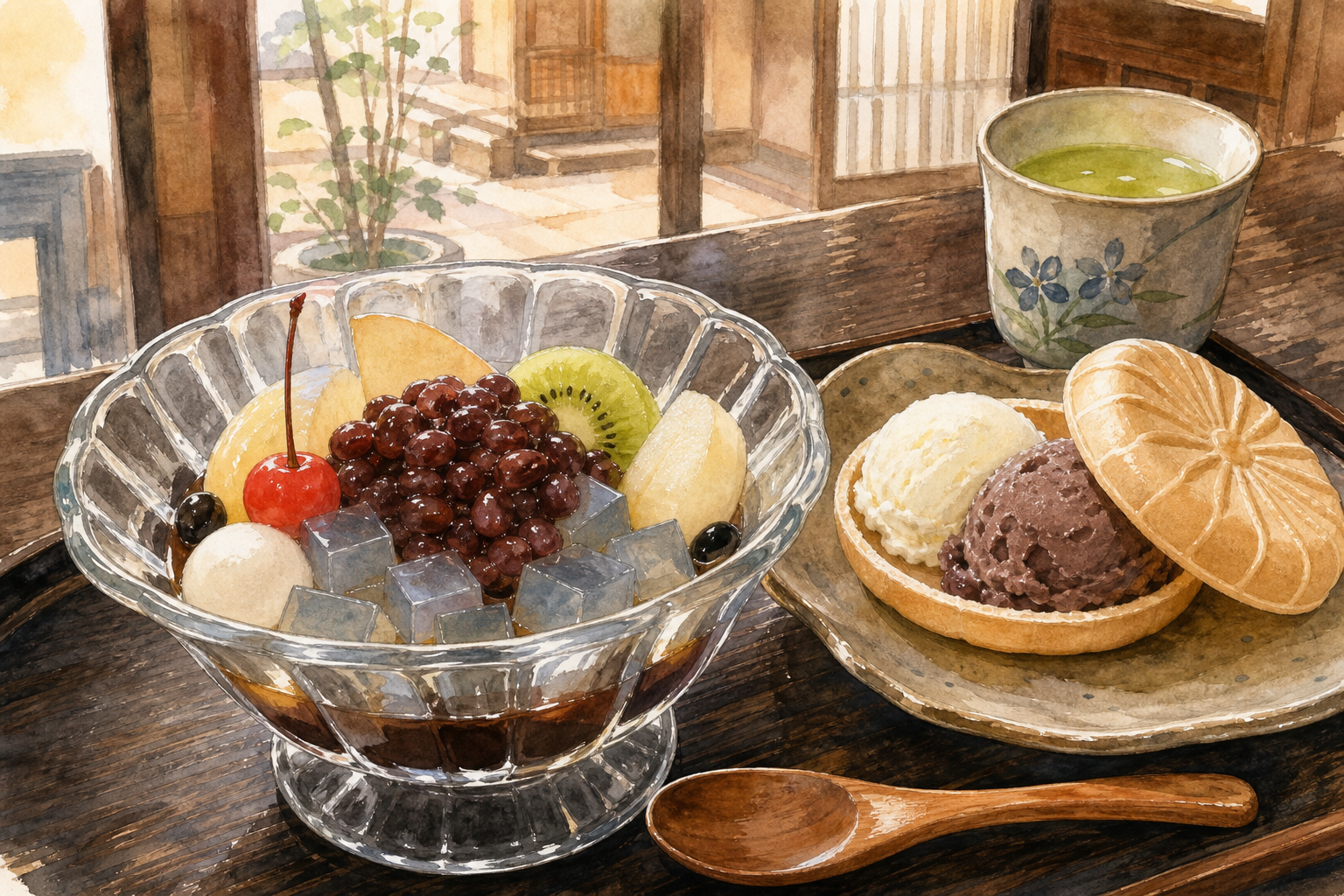 あんみつ、モナカアイス、緑茶を木のテーブルに描いたオリジナルの根津甘味散歩イメージ