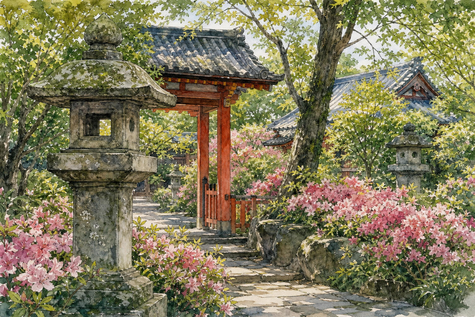 石灯籠、朱色の門、つつじの花と木立を描いた根津神社散策のオリジナルイメージ