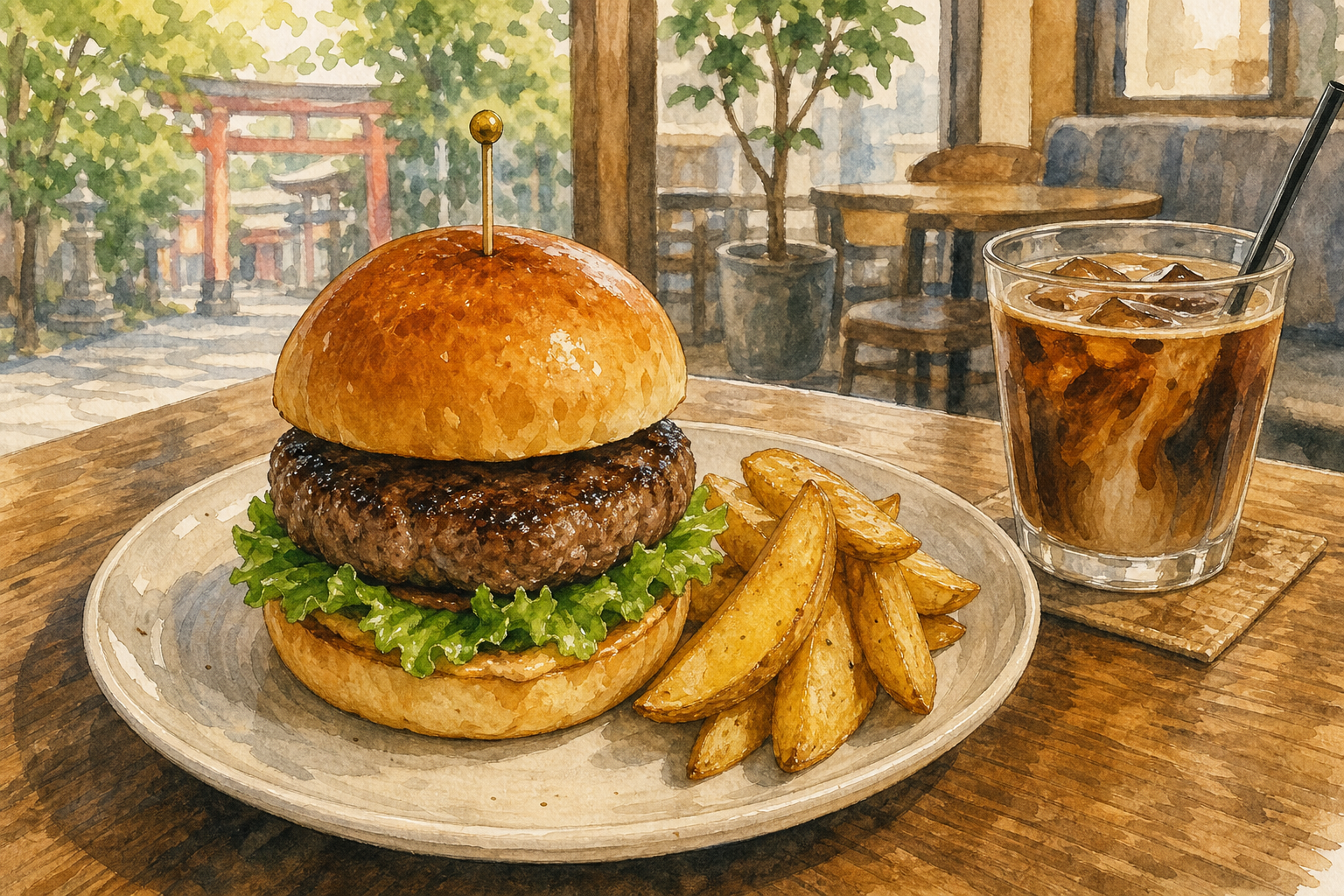 肉厚のハンバーガーとポテト、アイスコーヒーを描いたオリジナルのランチイメージ