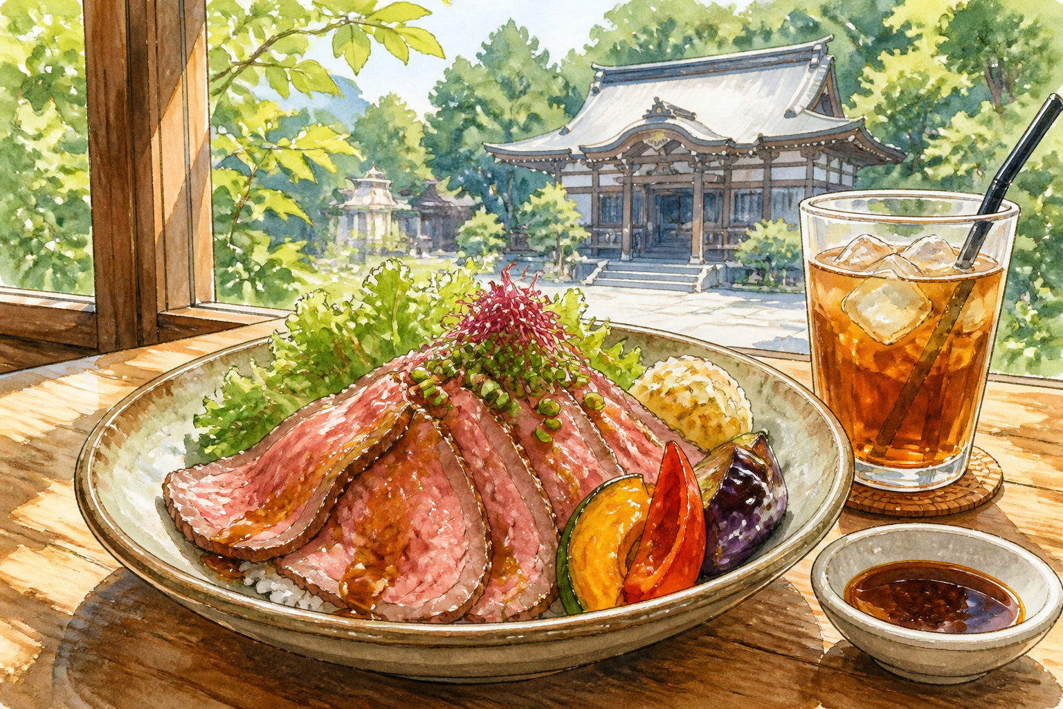 ローストビーフのプレート、野菜、アイスティーを描いたオリジナルの門前カフェイメージ