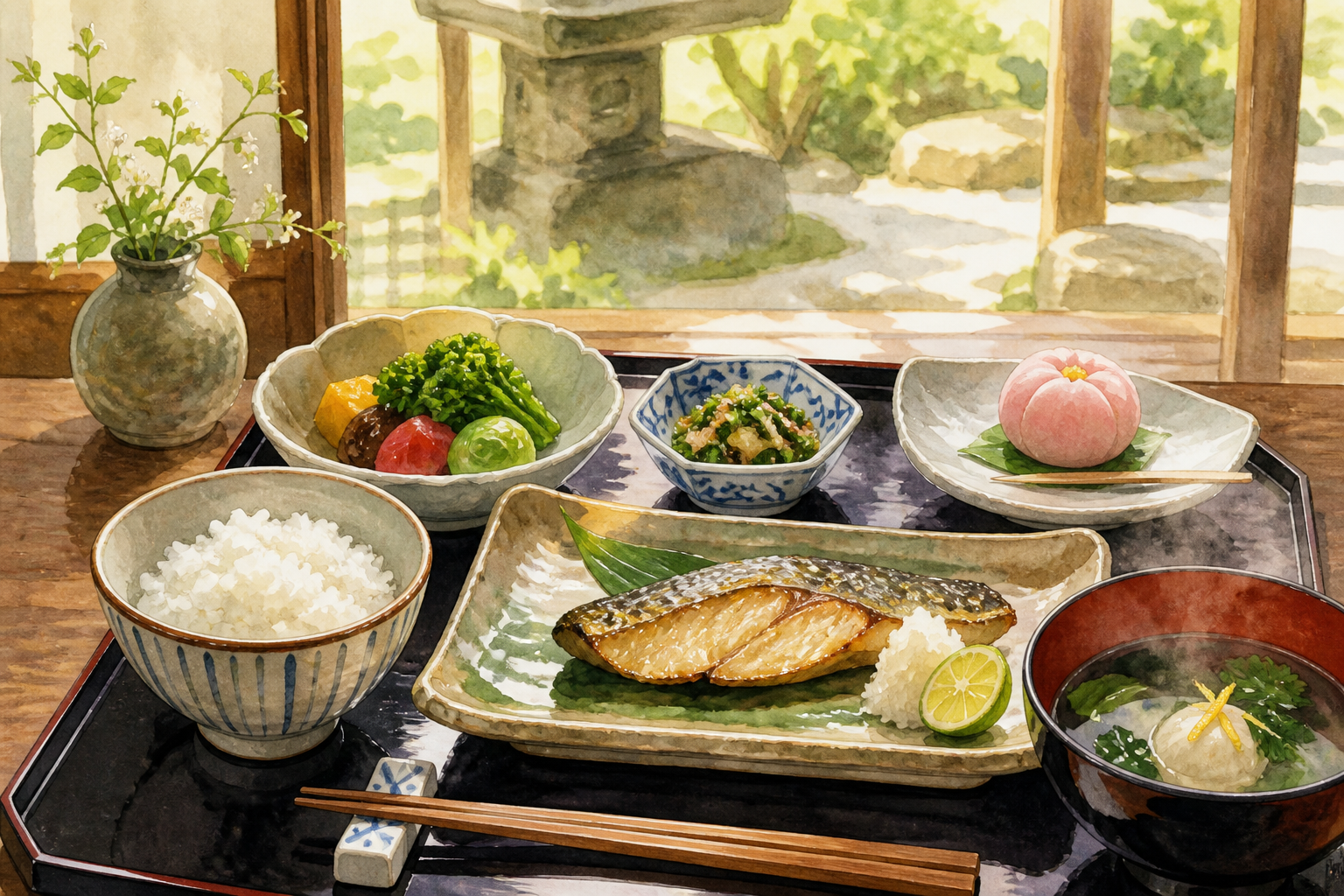 焼き魚の膳と季節の甘味、温かい汁物を描いた神社近くの食事処のオリジナルイメージ