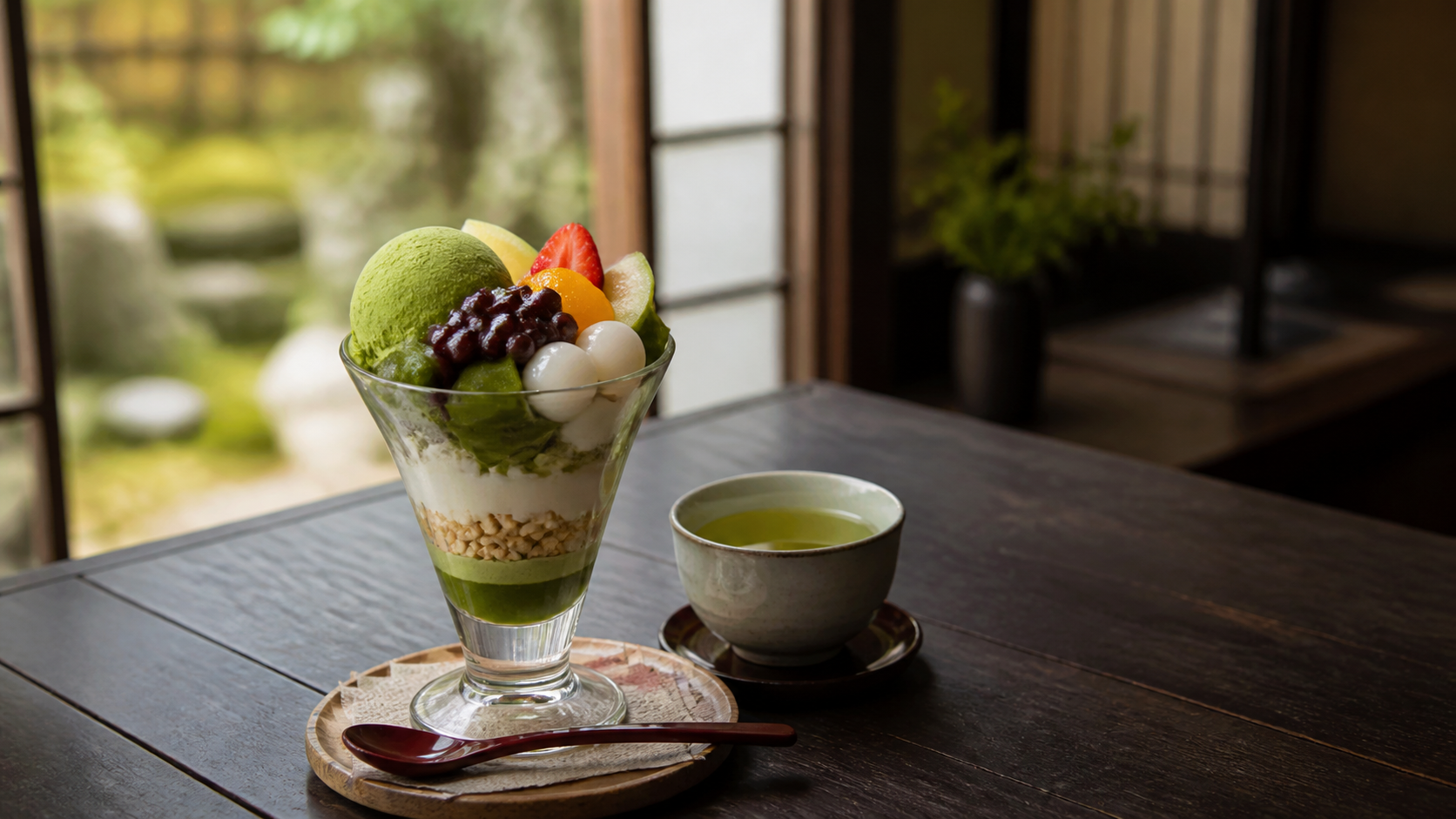 抹茶のパフェと白玉、あんこ、温かいお茶を描いた祇園の甘味処のオリジナルイメージ