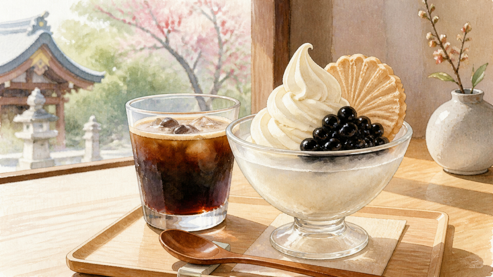 豆乳ソフトクリームと黒豆、アイスコーヒーを描いた北野天満宮近くのカフェのオリジナルイメージ