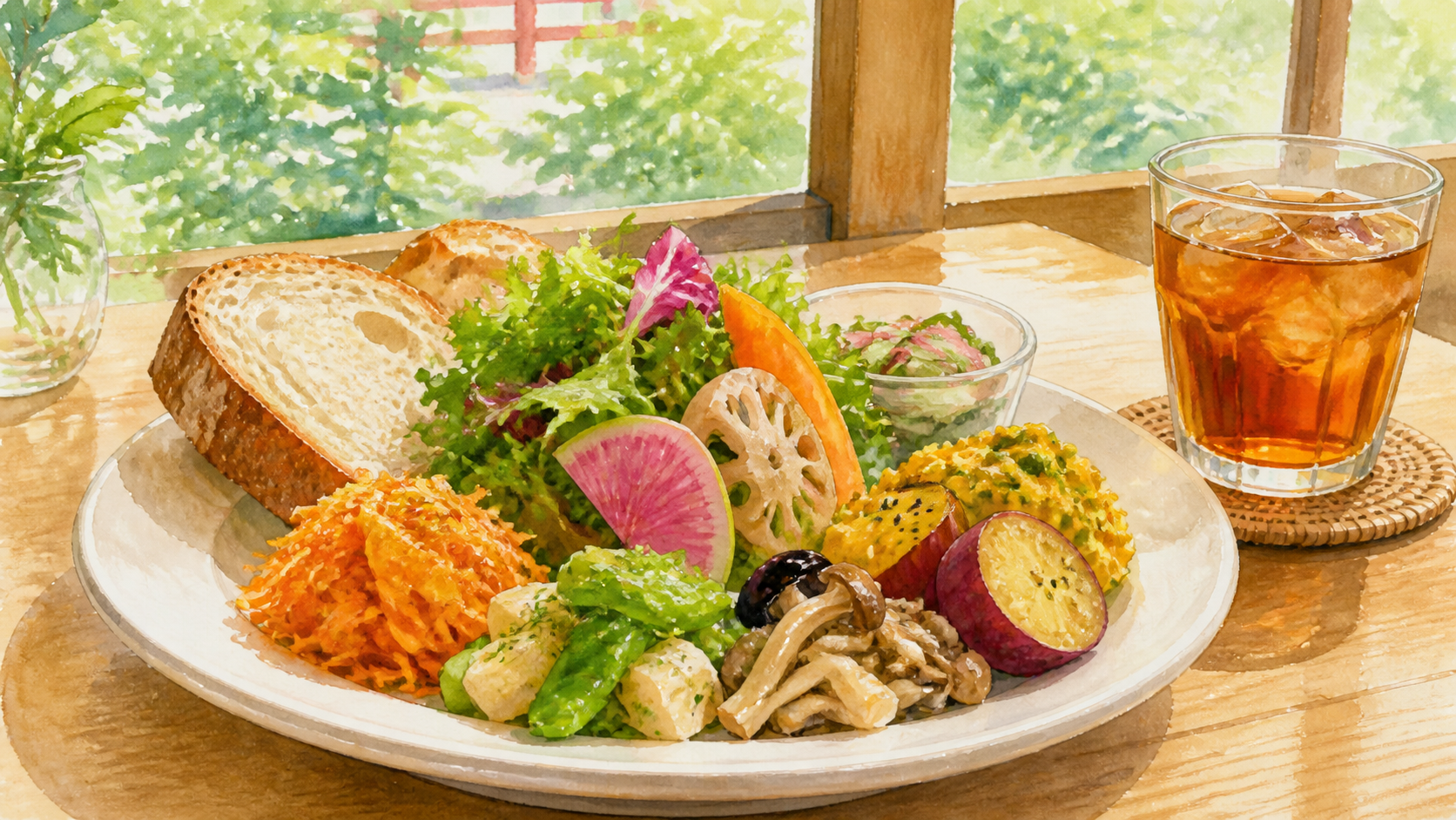 季節野菜のデリ、パン、アイスティーを描いた下鴨神社近くのカフェのオリジナルイメージ