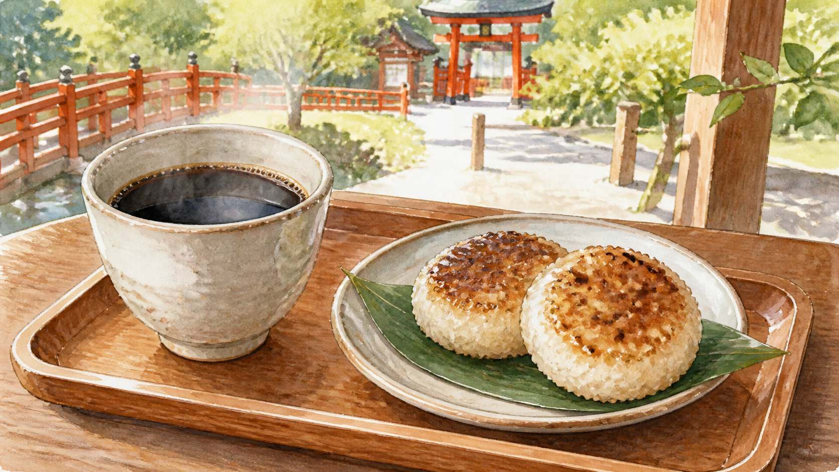 コーヒーと京都風の焼き餅を描いた上賀茂神社境内の休み処のオリジナルイメージ