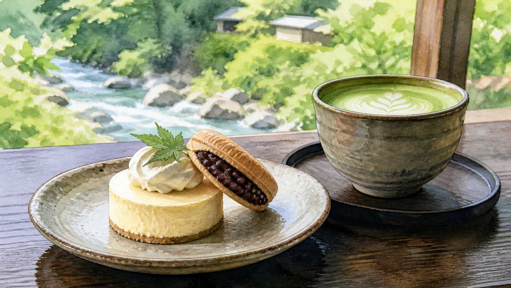 酒粕のチーズケーキと最中、抹茶ラテを描いた貴船のカフェのオリジナルイメージ