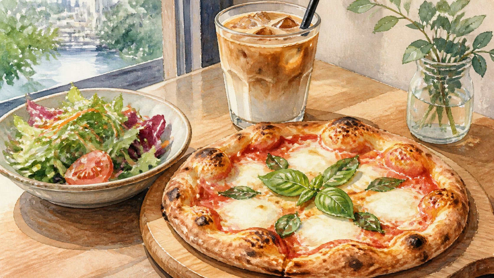 チーズのピザ、サラダ、アイスコーヒーを描いた大阪のカフェランチのオリジナルイメージ