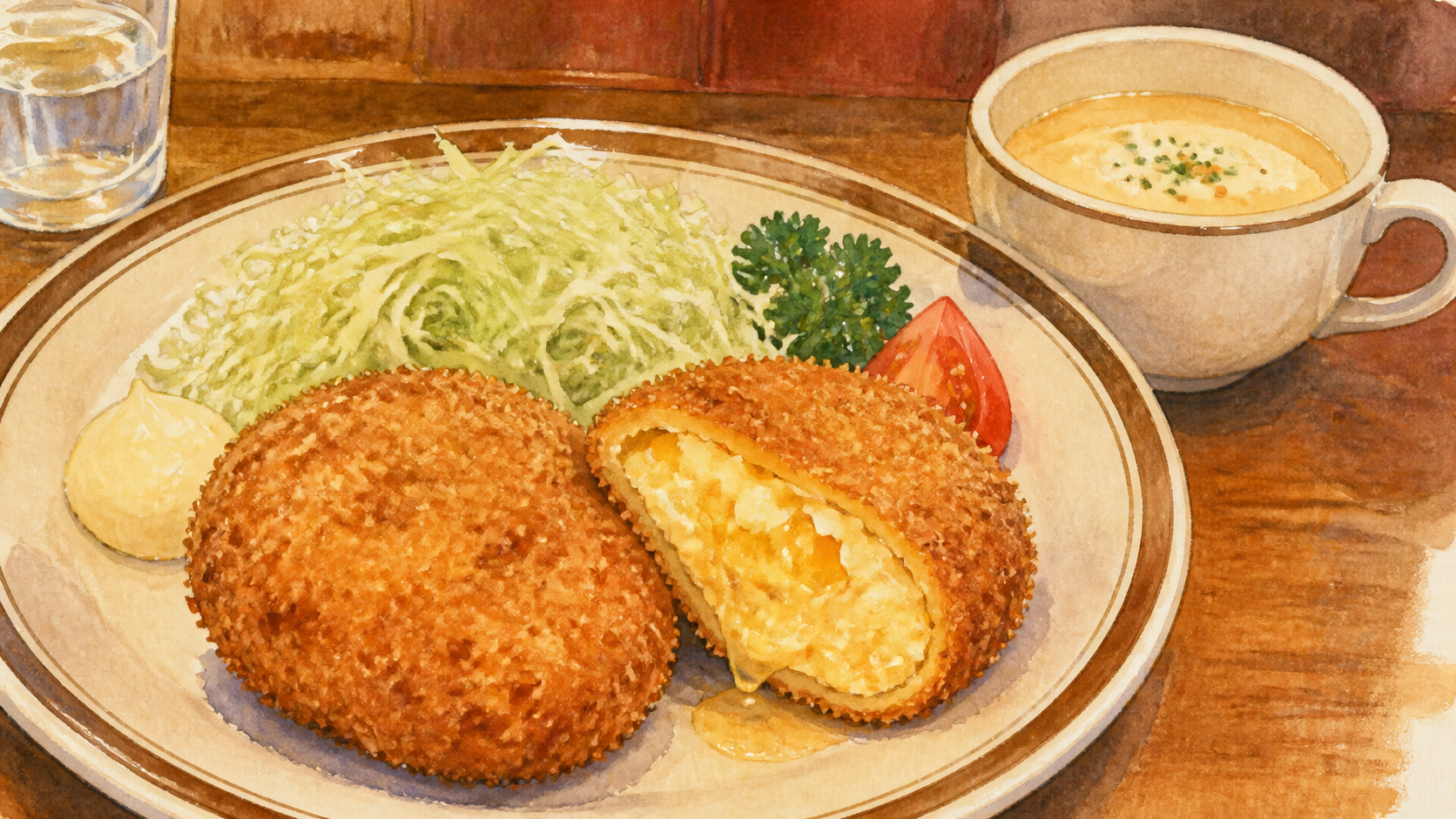 玉子コロッケとキャベツ、スープを描いた住吉大社近くの洋食店のオリジナルイメージ
