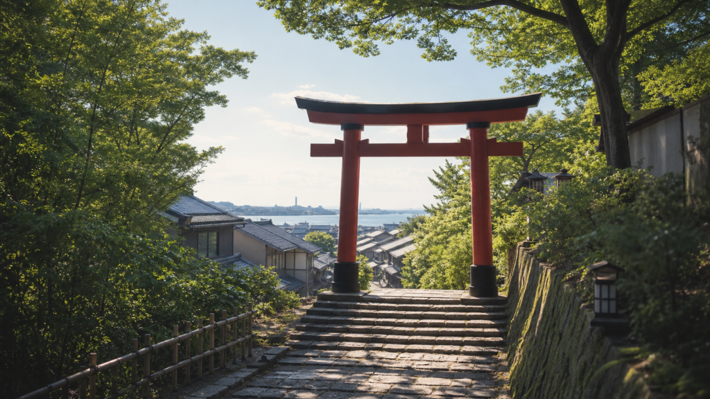 緑に囲まれた石段と朱色の鳥居、その先に水辺の街並みが見えるオリジナルの旅情イメージ