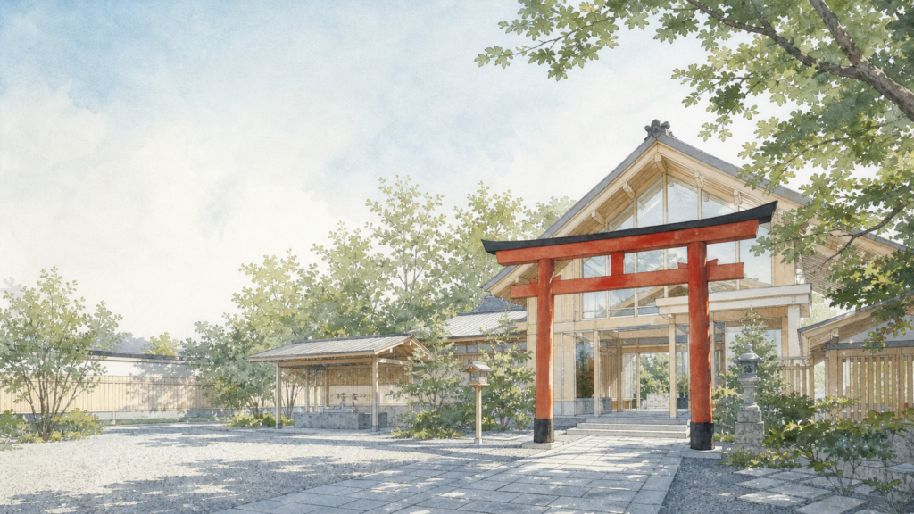 朱色の鳥居と木立、現代的な社殿を描いた赤城神社参拝のオリジナル旅情イメージ