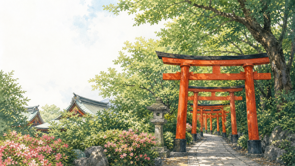 朱色の鳥居と木立、淡い花を描いた根津神社参拝のオリジナル旅情イメージ