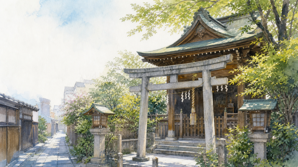 木造の社殿と石の鳥居、静かな東京の路地を描いた小網神社参拝のオリジナルイメージ