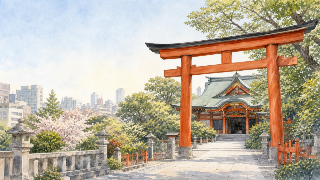 朱色の鳥居と社殿、都心の木立を描いた芝大神宮参拝のオリジナルイメージ