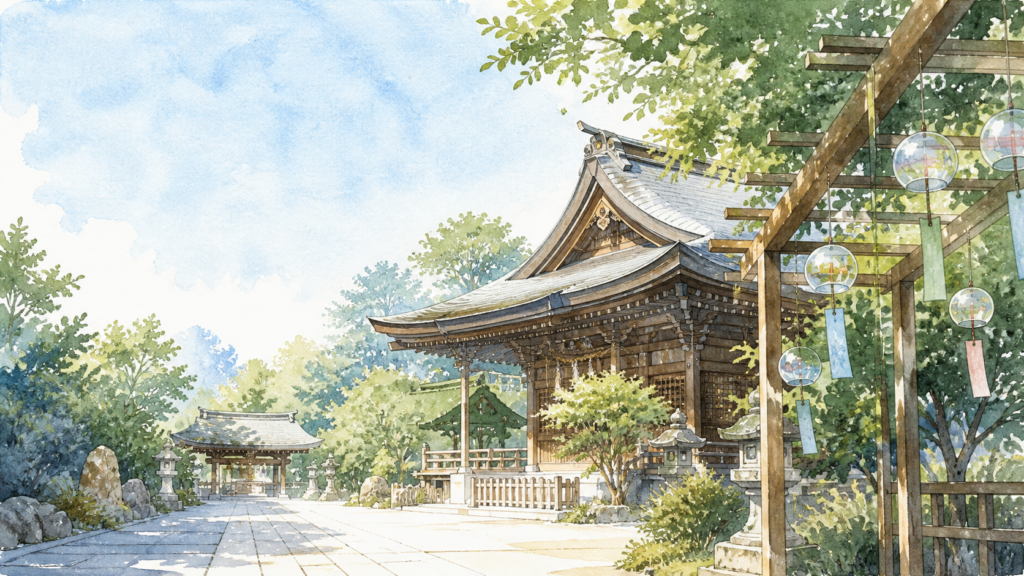 木立と社殿、夏の風鈴を描いた川越氷川神社参拝のオリジナルイメージ