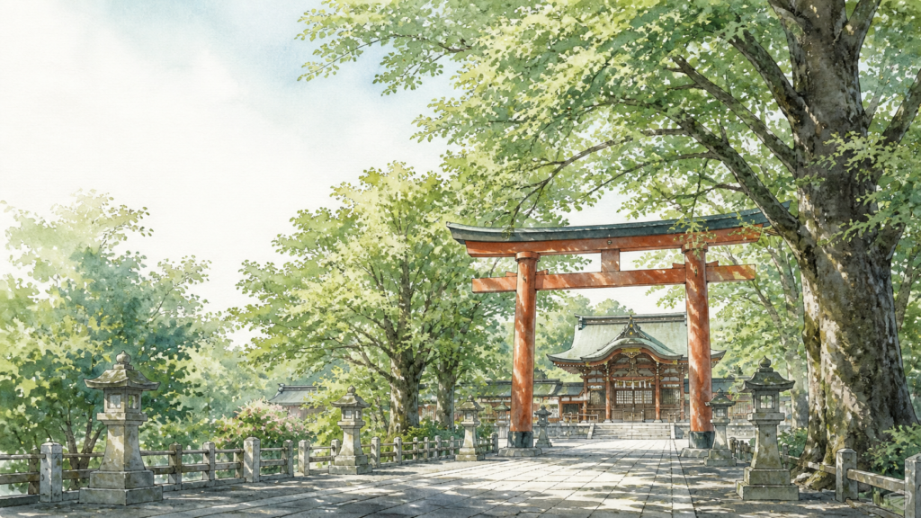 大きな木々と朱色の鳥居、石畳の参道を描いた大國魂神社参拝のオリジナルイメージ