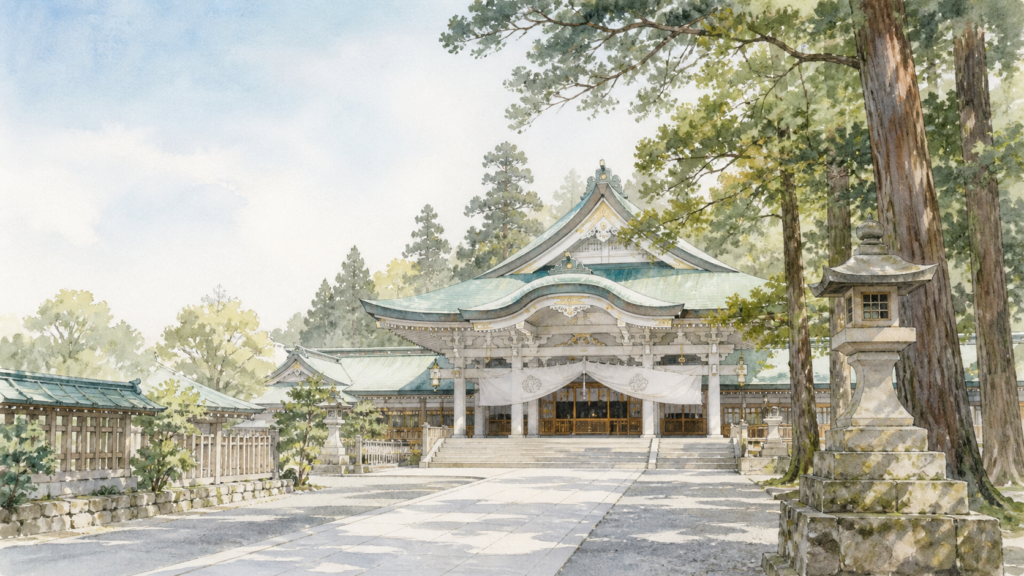 緑の木立と石畳の参道、朱色の鳥居を描いた寒川神社参拝のオリジナルイメージ