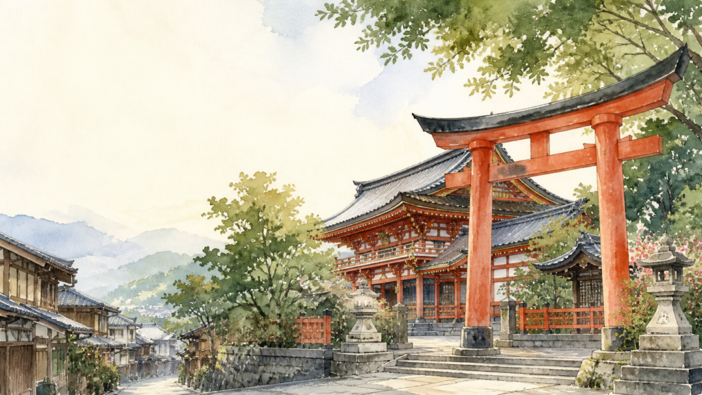 朱色の門と夕暮れの石畳、緑の木々を描いた八坂神社参拝のオリジナルイメージ