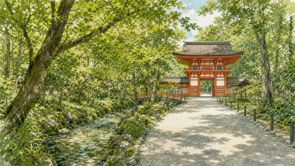 糺の森の緑と朱色の門、参道を描いた下鴨神社参拝のオリジナルイメージ