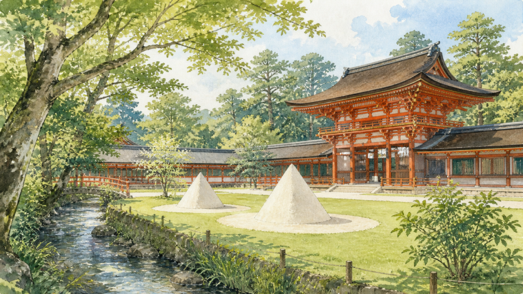 立砂と緑の芝生、伝統的な社殿を描いた上賀茂神社参拝のオリジナルイメージ
