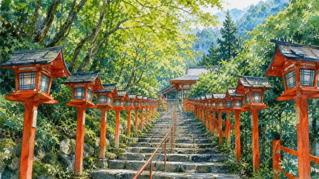 朱色の灯籠が並ぶ石段と山の緑を描いた貴船神社参拝のオリジナルイメージ