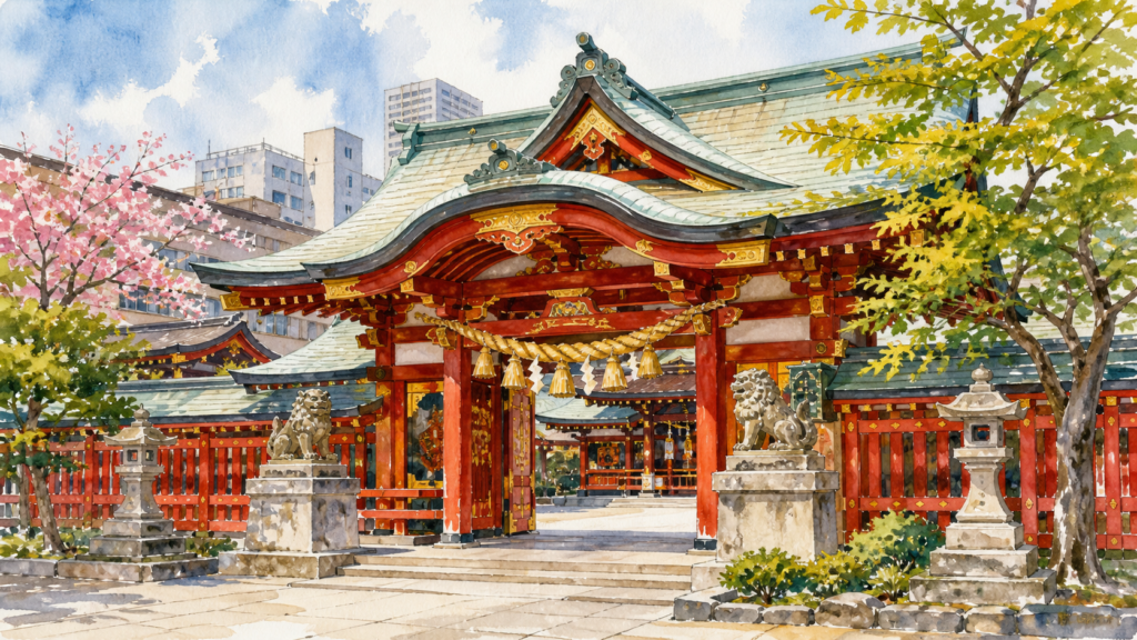 朱色と金色を基調にした都会の神社の入口を描いた今宮戎神社参拝のオリジナルイメージ