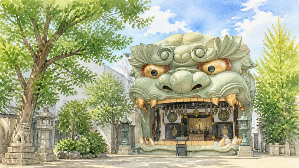 獅子殿と青空、境内の木々を描いた難波八阪神社参拝のオリジナルイメージ