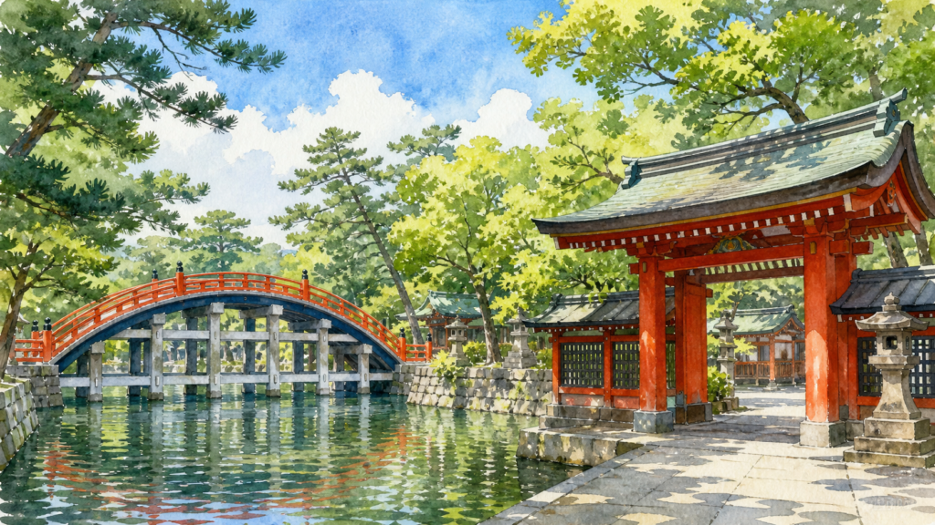 反橋と池、緑の木々を描いた住吉大社参拝のオリジナルイメージ